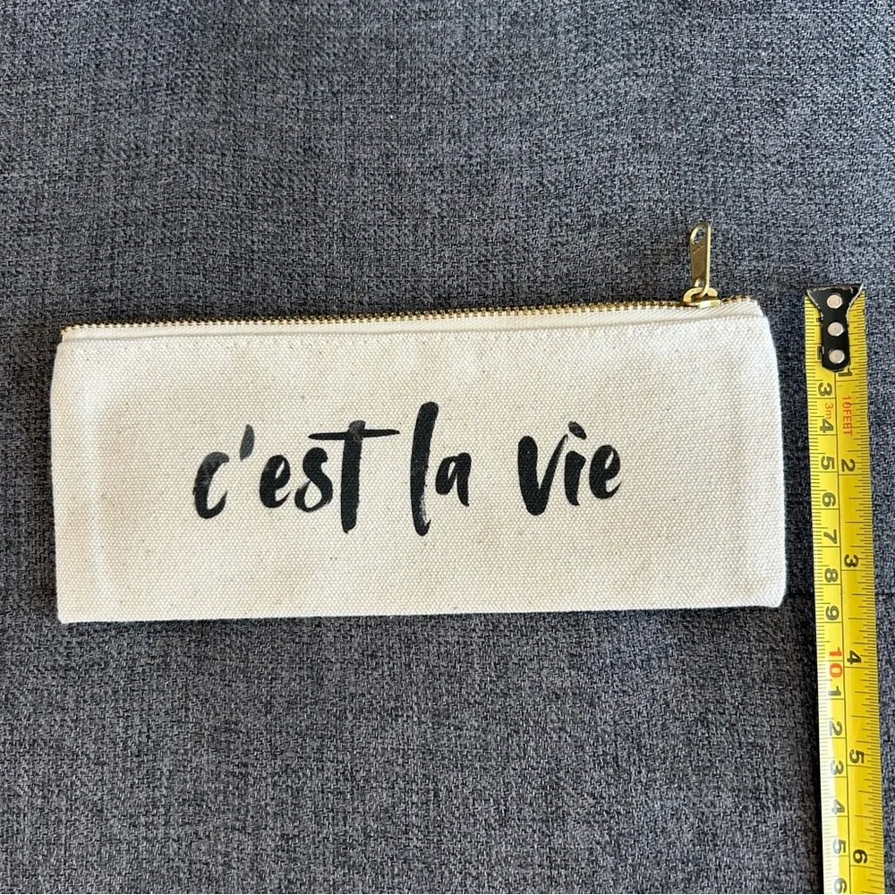 Canvas “c’est la vie” Pencil, Travel Mini Pouch, Cream, Black